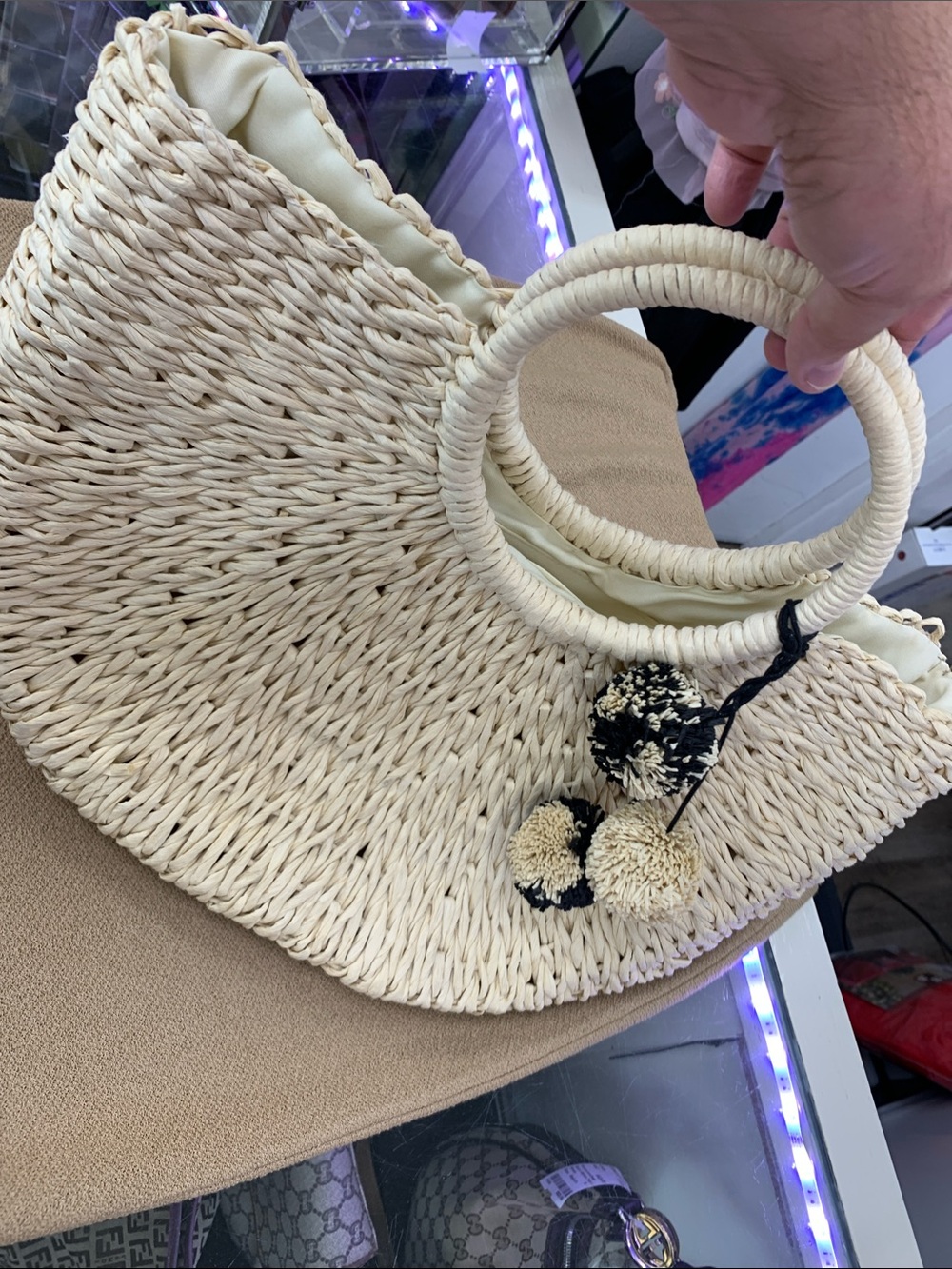 Melie Bianco Cream Woven Round-Handle Tote with Pom-Poms